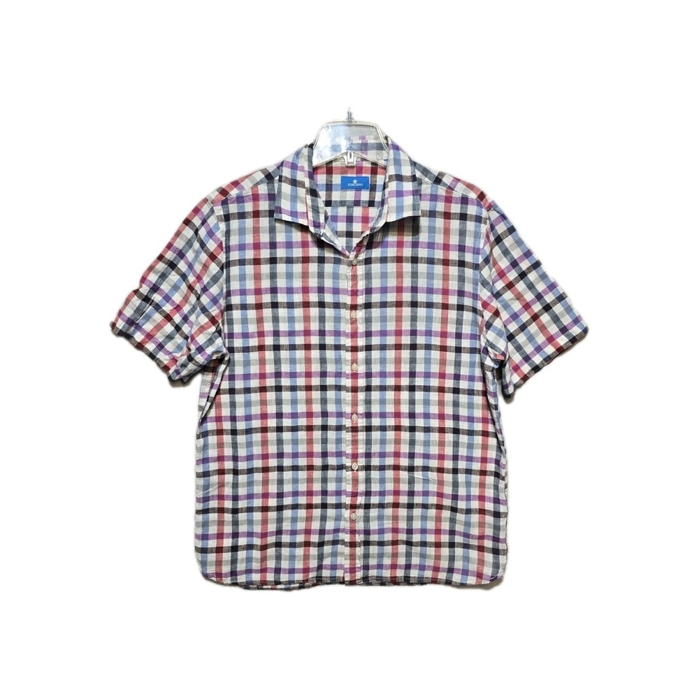 Toscano Linen Cotton Blend Plaid Button Down Short Sleeve Shirt Men's Large